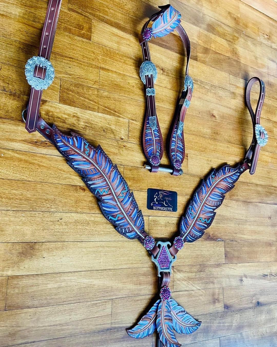 Leather Horse Set Feathers Purple