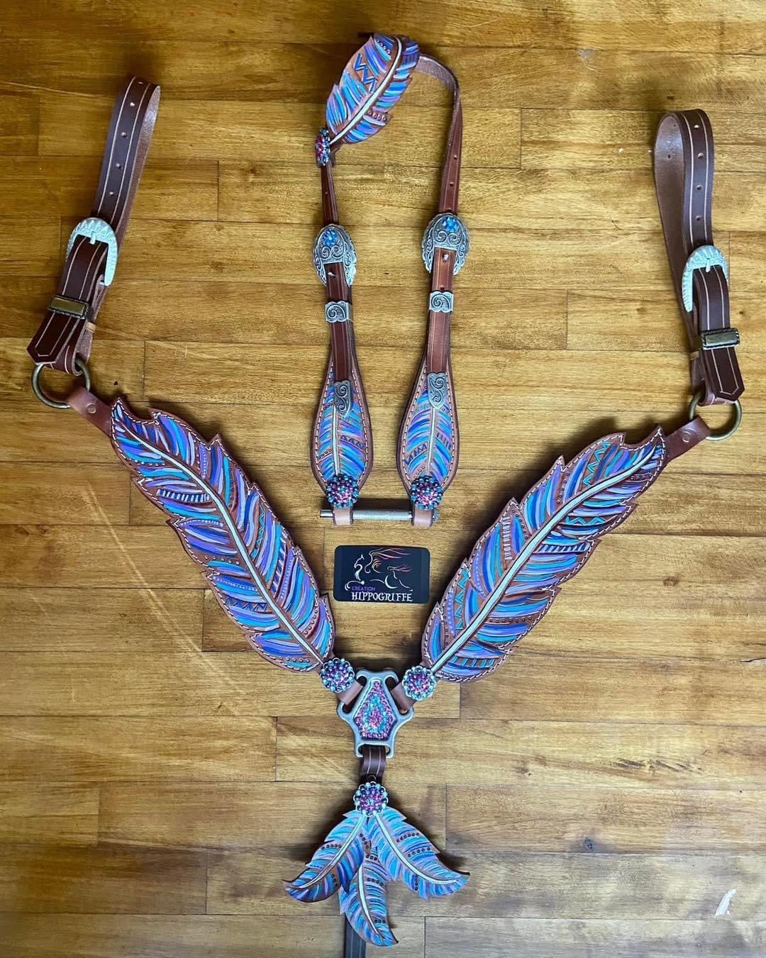 Leather Horse Set Feathers Purple